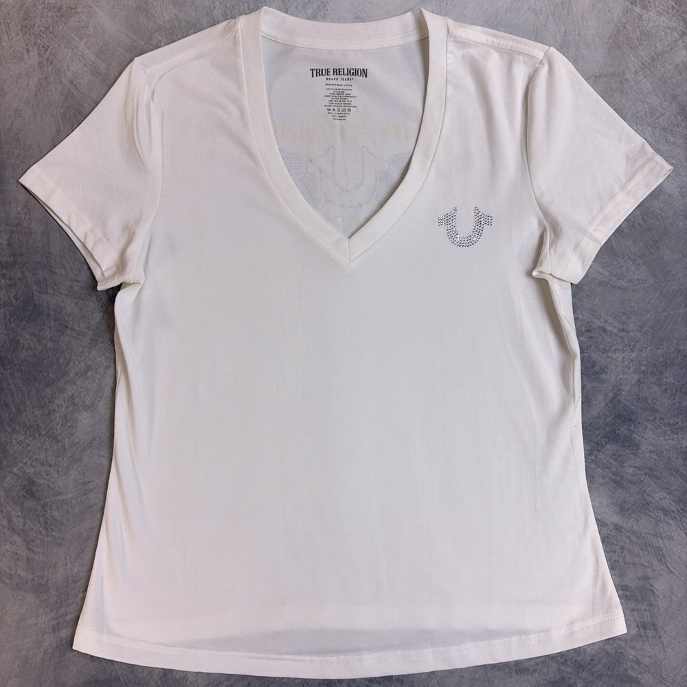 True Religion White Rhinestone Winged Horseshoe V-Neck‎ T-Shirt Womens Medium